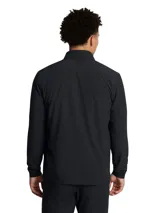 Campera negra Under Armour DRV PRO STRM INS para hombre, con cierre frontal, cuello alto y logo de la marca en la manga.