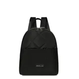 Mochila negra con diseño acolchado en la parte superior y logo "Oreiro Love" en la parte inferior.