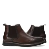 Bota Chelsea de cuero marrón, con elásticos laterales, suela de goma y tirador trasero.