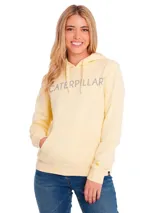 Buzo con capucha color salmón, con logo de Caterpillar estampado en blanco en el pecho y bolsillo tipo canguro.