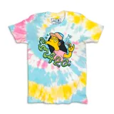 Remera blanca con estampado tie-dye en tonos pastel y diseño gráfico de Milhouse Van Houten fumando.