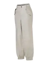 Pantalón de tiro alto color beige, confeccionado en lino orgánico, con detalles en los bolsillos, elástico en los tobillos y cierres en el dobladillo.