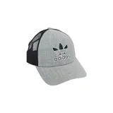 Gorra Adidas Originals Trefoil Trucker color gris con logo bordado en negro y paneles traseros de malla negra.