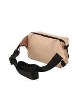 Riñonera o bolso cruzado unisex de lona color gris claro, con bolsillo frontal y trasero con cierre. Posee correa ajustable.