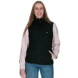 Chaleco negro acolchado para mujer, con logo de Cat en el pecho, bolsillos inferiores con cierre, diseño reflectante en la espalda, cordones ajustables en el dobladillo y bolsillos interiores de malla.