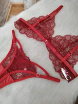 Conjunto de lencería de encaje rojo compuesto por un corpiño tipo bralette con tirantes finos y una tanga con tiras laterales ajustables. Ambas prendas presentan un diseño de encaje con motivos florales.