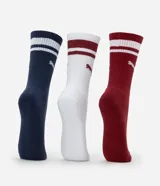 Pack de tres pares de medias de caña media Puma, con diseño a rayas horizontales en el borde superior y logo de la marca en el lateral. Incluye un par azul marino con rayas blancas, un par blanco con rayas bordó y un par bordó con rayas blancas.