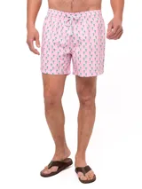 Short de baño celeste con estampado de ballenas en azul y gris. Tiene cintura elástica con cordón ajustable y bolsillos laterales.