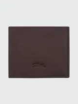 Billetera Longchamp de cuero color verde oliva, con diseño plegable y logo grabado en la parte inferior.