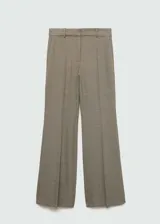 Pantalón de vestir marrón con estampado de cuadros, tiro medio, corte acampanado y estilo flare.