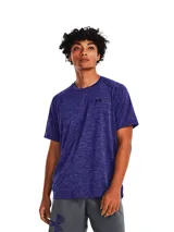 Remera deportiva Under Armour Tech 2.0 para hombre, color azul jaspeado con logo pequeño en el pecho.