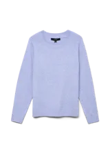 Suéter de punto lila con cuello redondo y mangas largas.