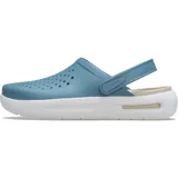 Zuecos Crocs modelo InMotion, con diseño deportivo y ergonómico. Presentan una parte superior perforada en color azul con tecnología Free Feel™ para mayor flexibilidad y una suela gruesa de plataforma en color blanco con amortiguación LiteRide™.