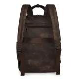 Mochila de cuero color marrón claro con múltiples bolsillos y cierres.