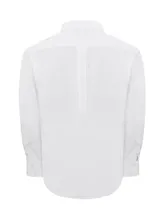 Camisa de vestir blanca de popelina de algodón spandex, con cuello abotonado, manga larga y corte regular. Con tecnología Travel 360º que otorga gran movilidad y tecnología WOR que hace que la tela sea repelente al agua y al aceite.