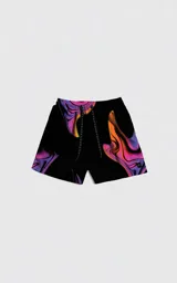 Short de baño negro con estampado abstracto en tonos violeta, naranja y rosa.
