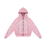 Hoodie rosa con cierre frontal y estampado de hojas de acanto en color blanco.