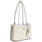 Cartera tote color marfil con doble asa de hombro. Presenta logo triangular metálico de Guess y llavero colgante con logo grabado.