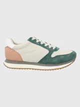 Zapatillas urbanas Hush Puppies Bliss Sun, con capellada de cuero y poliéster en tonos beige, verde y rosa. Suela de goma con tecnología memory foam.