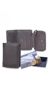 Billetera de cuero color marrón oscuro con broche metálico. Incluye monedero con cierre, compartimento para billetes y ranuras para tarjetas.