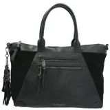 Cartera negra tipo tote de ecocuero, con doble asa de mano y correa bandolera ajustable y desmontable. Tiene cierre principal, bolsillo frontal con cierre, bolsillo interno con cierre y llavero colgante.