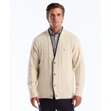 Cardigan color crema con textura de punto trenzado, cuello en V, cierre con botones y logo bordado en el pecho.