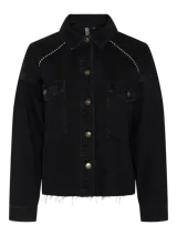 Camisa de denim negra con mangas largas, calce regular, bolsillos frontales y detalles de cristales en cuello y hombros.