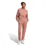 Conjunto deportivo Adidas Essentials Feel Cozy para mujer, color rosa con detalles en blanco. Incluye campera con cierre y pantalón largo.