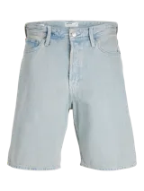 Short de jean celeste con corte amplio, tiro alto y cierre de cremallera. Tejido de sarga con lavado stonewash para un look desgastado.
