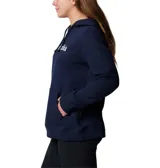 Buzo Columbia azul marino con capucha ajustable con cordón, bolsillo tipo canguro y logo de la marca estampado en blanco.