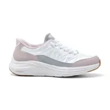 Championes deportivos Skechers Hands Free Slip-ins Contour Foam, color blanco con detalles en gris y rosa. Capellada acolchada con cordones elásticos, plantilla Air-Cooled Memory Foam y entresuela Contour Foam.
