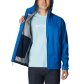 Campera impermeable Columbia Evapouration Jacket, color celeste, con capucha ajustable, cierre frontal completo, bolsillos laterales con cierre y ventilación en las axilas.