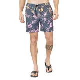 Short de baño corto para hombre, marca Maui and Sons, con estampado de flores en tonos rosa y naranja sobre fondo gris.