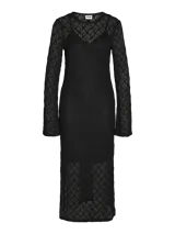 Vestido midi de encaje negro con mangas largas acampanadas y escote en V.