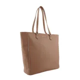 Bolso tipo tote color marrón con textura granulada, doble asa larga y detalle de tachas plateadas en los laterales.