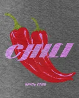 Remera gris con estampado de dos chiles rojos y texto en color lila.