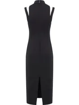 Vestido midi negro de punto técnico con corte entallado, cuello perkins, cremallera trasera, sin mangas, recortes en forma de media luna en los hombros, detalles de costuras verticales en la parte frontal y posterior, y hendidura en la espalda.