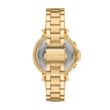 Reloj Michael Kors modelo Maren, color dorado, con caja de acero inoxidable de 40mm, cronógrafo, función de fecha, cristal mineral y pulsera con cierre desplegable.