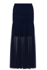 Falda midi de microtul azul marino con forrería en la parte de las caderas, base con frunces y largo godet.