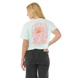 Remera corta color celeste con logo Rip Curl y dibujo de un sol en el pecho.