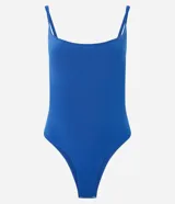 Body femenino de microfibra color azul eléctrico, con escote redondo al frente y breteles finos. Presenta un recorte en la espalda que deja la misma descubierta.