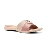 Sandalia casual Usaflex de cuero color rosa y beige, con hebilla decorativa con strass.