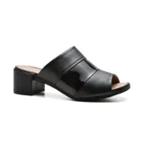 Sandalia mule de cuero con taco bloque, color dorado, blanco y plateado.