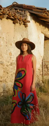 Vestido largo rojo de lino liviano, con silueta amplia y fluida, escote con pequeña abertura frontal, bolsillos laterales y estampado de flores abstractas en tonos verde, azul y negro. Diseño exclusivo de la marca con tintas ecológicas. Hecho en Uruguay.