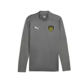 Buzo gris de entrenamiento Puma CAP Train del Club Atlético Peñarol, con cierre de un cuarto, cuello alto, mangas largas con detalle de textura en los hombros, logo de Puma bordado en blanco y escudo del club bordado a la altura del pecho.