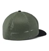 Gorra de béisbol Columbia color beige con paneles traseros de malla azul marino y logo de la marca bordado en el frente.