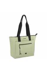 Cartera tote bag color verde agua, con asas de mano negras y un bolsillo frontal con cierre. Incluye un llavero decorativo de cordones y un detalle metálico en forma de labios.