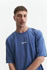 Remera azul de manga corta con corte oversize y cuello redondo. Estampado en la espalda con la frase "Cookies & Milk" y dibujos de una galleta y un cartón de leche.