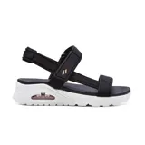 Sandalias negras con tiras de velcro ajustables, plantilla acolchada Yoga Foam y entresuela con cámara de aire Skech-Air visible.