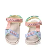 Sandalias estilo Teva con plataforma color beige y tiras de tela en colores pastel: celeste, verde, rosa y naranja.